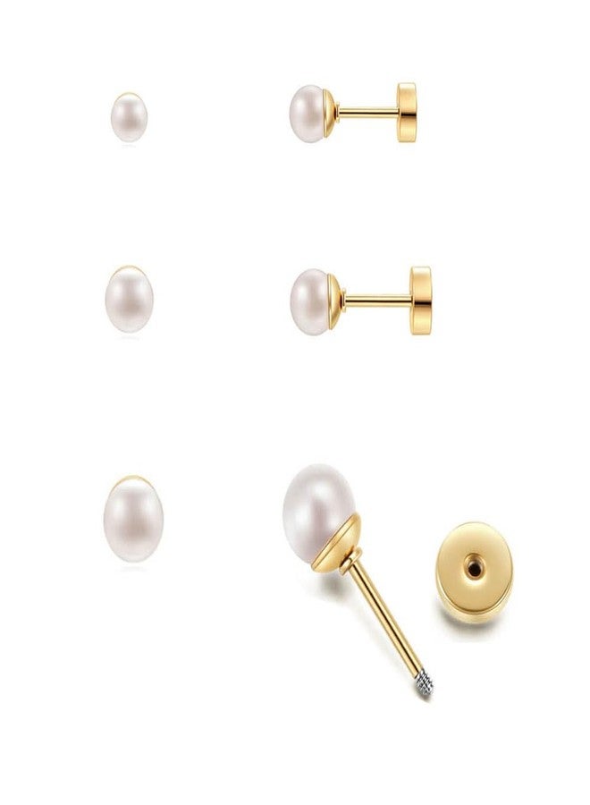 Renkovte Dainty Flat Screw Back Pearl Stud Earring Set for Multiple Piercing|3Pairs Pearl Earrings for Helix Tragus Cartilage Piercing for Women Girls|Secure Twist Back Sleep Earrings(4mm+5mm+6mm Pearl, Gold) - Image 1